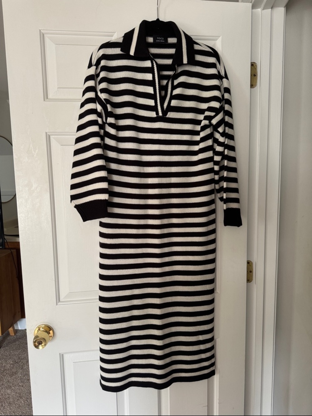 Vici Black and White Striped Knit Polo Midi Dress